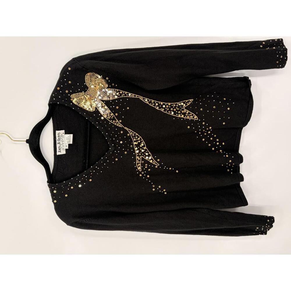 Black V-Neck Sweater with Gold Sequin Bow Detail‎ Medium Cotton Blend Jack B. Q